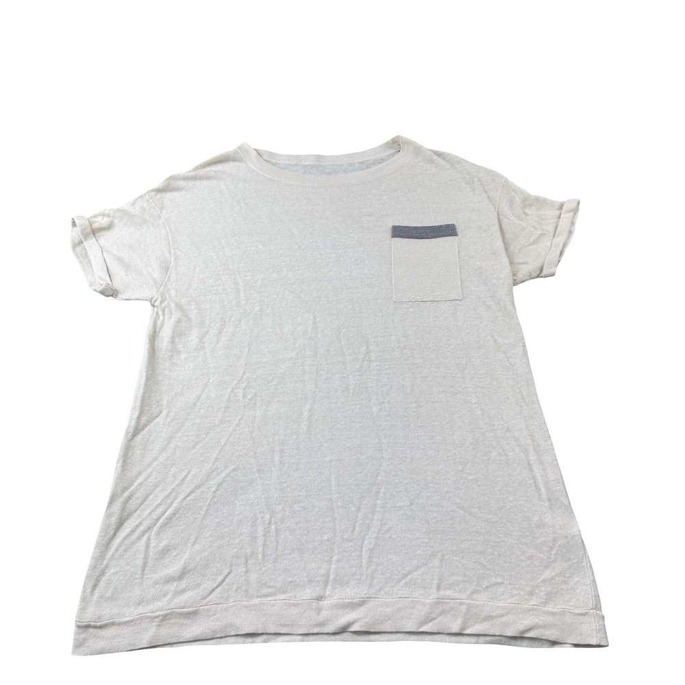 Brunello Cucinelli Tan Monili Bead Pocket Womens Linen Cotton T Shirt Size M